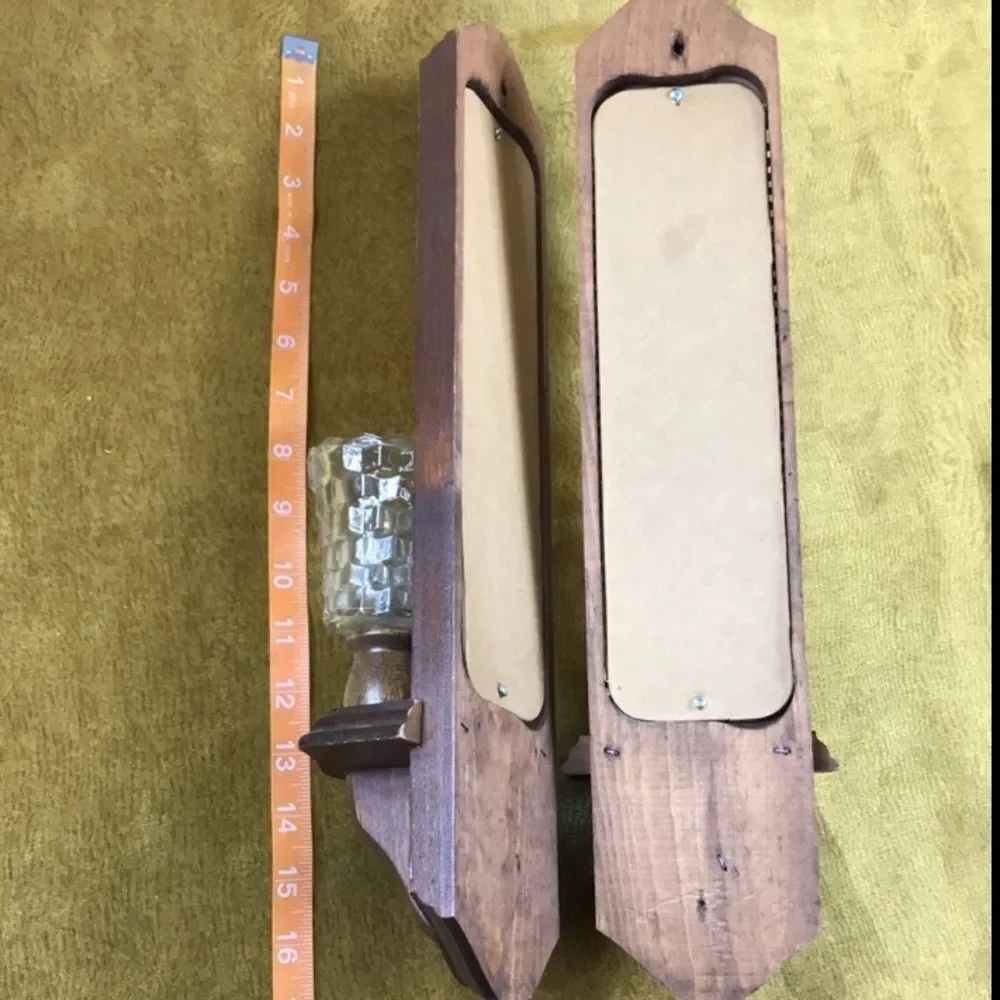 Vintage Home Candles Sconces Wall Mirrors Wood And Glass Pair
